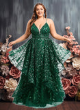 Rachel Ball-Gown/Princess V-Neck Floor-Length Lace Floral Prom Dresses With Sequins JLP0025838