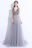 2024 New A-Line V-Neck Grey Tulle Beaded Long Sleeveless Backless Prom Dresses with Split JS884