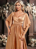 Sarahi A-line V-Neck Floor-Length Stretch Satin Bridesmaid Dress JLP0025793