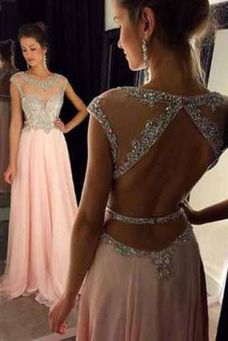 Backless Beaded Blush Pink Long Sexy Open Back Cap Sleeve Scoop Prom Dresses JS964