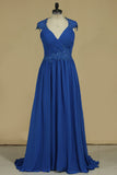 Chiffon V Neck With Applique And Ruffles A Line Evening Dresses