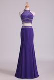 Halter Two-Piece Beaded Bodice Sheath Open Back Prom Dresses Spandex & Tulle Floor Length