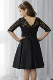 Scoop Mid-Length Sleeves Prom Dresses Satin & Lace A Line