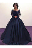 Ball Gown Bateau Long Sleeves Sweep/Brush Train Applique Satin Dresses