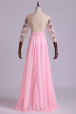 Mid-Length Sleeve A-Line Scoop Chiffon Prom Dresses Floor-Length With Applique & Bow-Knot