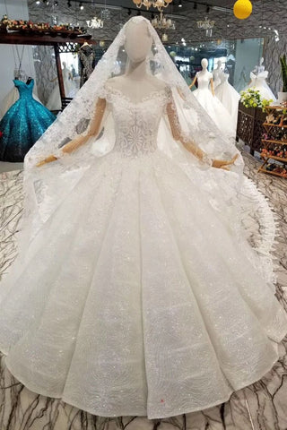 Ball Gown Wedding Dresses With Veil V-Neck Long Sleeves