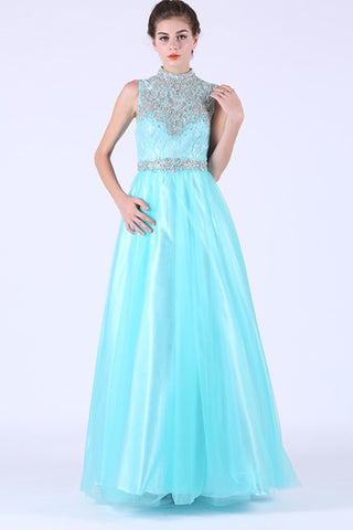 High Neck Prom Dresses Tulle & Lace With Beading A Line