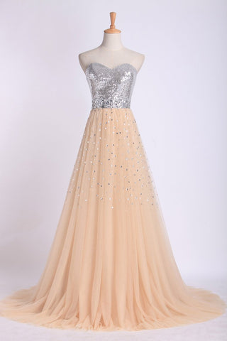 Sweetheart A Line Sweep Train Prom Dresses Tulle With Beads