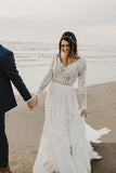 Charming A Line Long Sleeves V Neck Lace Ivory Beach Wedding Dresses, Bridal SJS20395