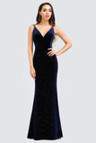 V-Neck Spaghetti Straps Velvet Dark Navy Blue Mermaid Evening Dress, Prom Dresses SJS15480