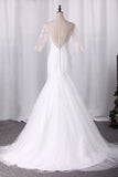 Sexy Mermaid Wedding Dresses Scoop Half Sleeves Tulle With Applique Open Back