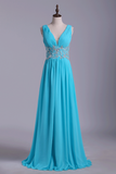 Straps A Line Prom Dresses Chiffon With Applique & Ruffles Floor Length