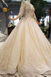 Lace Wedding Dresses Scoop 3/4 Sleeves Lace Up Back Royal Train