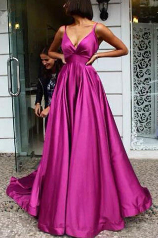 Simple A Line Spaghetti Straps V Neck Satin Backless Prom Dresses, Party SJS15671