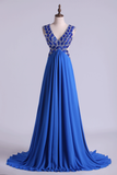 V-Neck Prom Dresses A Line Chiffon With Beading