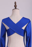 Scoop Prom Dresses Long Sleeves Spandex Open Back Drak Royal Blue