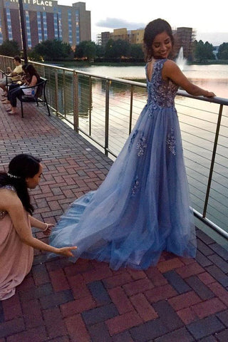 Unique Blue Tulle Appliques Beading Prom Dresses, Charming Formal Dresses SJS15456