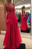 Beautiful Long Flowy Chiffon Lace Beading Red Prom Dresses For Teens