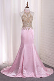 Prom Dresses Mermaid See-Through Halter Beaded Bodice Satin