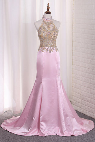 Prom Dresses Mermaid See-Through Halter Beaded Bodice Satin