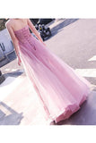 A Line Strapless Tulle With Applique Floor Length Prom Dresses Lace Up