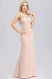 Elegant V-Neck Floral Lace Pink Evening Dress Satin Prom Dresses SJS15216