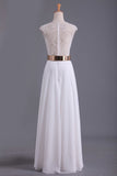 White V Neck Beaded Bodice Prom Dresses A Line Chiffon With Sash And Slit