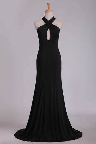 Prom Dresses Halter Open Back Sheath With Slit Spandex