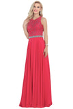 Open Back Scoop A Line Prom Dresses With Beading Chiffon