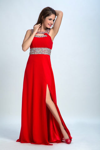 Sexy Prom Dresses A Line Scoop Sweep/Brush Red Open Back