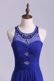 Unique Dark Royal Blue Prom Dress Scoop A Line Chiffon With Beads&Ruffles