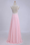 V-Neck A-Line/Princess Prom Dress Tulle&Chiffon With Beads And Applique