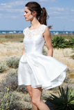 A Line Round Neck Open Back Short Beach Wedding Dress with Lace Pockets SJS15018