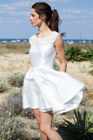 A Line Round Neck Open Back Short Beach Wedding Dress with Lace Pockets SJS15018