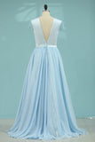 A Line Prom Dresses Short Sleeves Satin & Chiffon With Beading