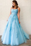 Unique A-Line Sky Blue Tulle Appliques Beads Scoop Prom Dresses with Lace SJS20453