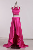 Asymmetrical Two-Piece Scoop Prom Dresses A Line Satin With Beading