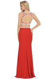 Two-Piece Scoop Prom Dresses Spandex With Beads And Slit