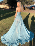 Sexy A line See Through Strapless Slit Backless Blue Prom Dresses with Appliques SJS15593