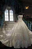 Marvelous High-End Satin Strapless Wedding Dresses Lace Up With Beads Royal Train