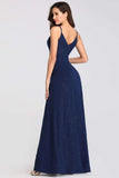 Sexy V Neck Long Spaghetti Straps Mermaid Navy Blue Prom Dresses with High Split SJS15366