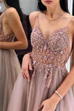 Gorgeous A-Line Spaghetti Straps V Neck Blush Tulle Prom Dresses, Cheap Evening Dresses SJS15235