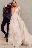 Long Sleeves Tulle Wedding Dresses Appliques V Neck