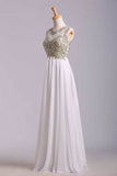 Scoop Neckline Off The Shoulder Prom Dresses White Floor Length Chiffon With Gold Embroidery