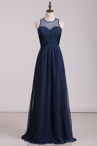 Prom Dresses Scoop Chiffon With Ruffles A Line Dark Navy Floor Length