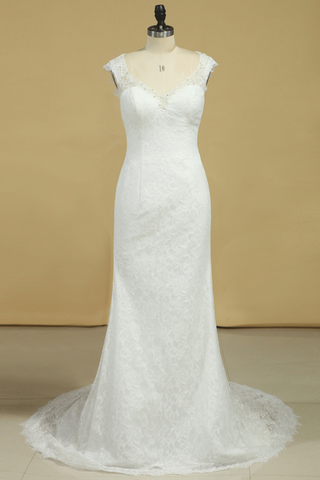 Lace Wedding Dresses Sheath V-Neck Court Train Beaded Neckline