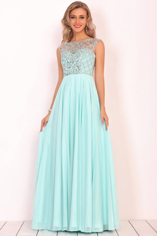 2024 A Line Boat Neck Chiffon Prom Dresses With Beading Floor Length