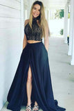 Modeatm Halter Navy Blue Long 2 Pieces Lace Prom Dresses For Teens