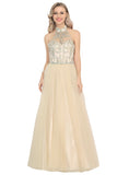 A-Line Halter Prom Dress Floor-Length Tulle With Beads&Rhinestones