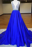 Fantastic Beaded Bodice Prom Dresses A Line Satin Deep V-Neck